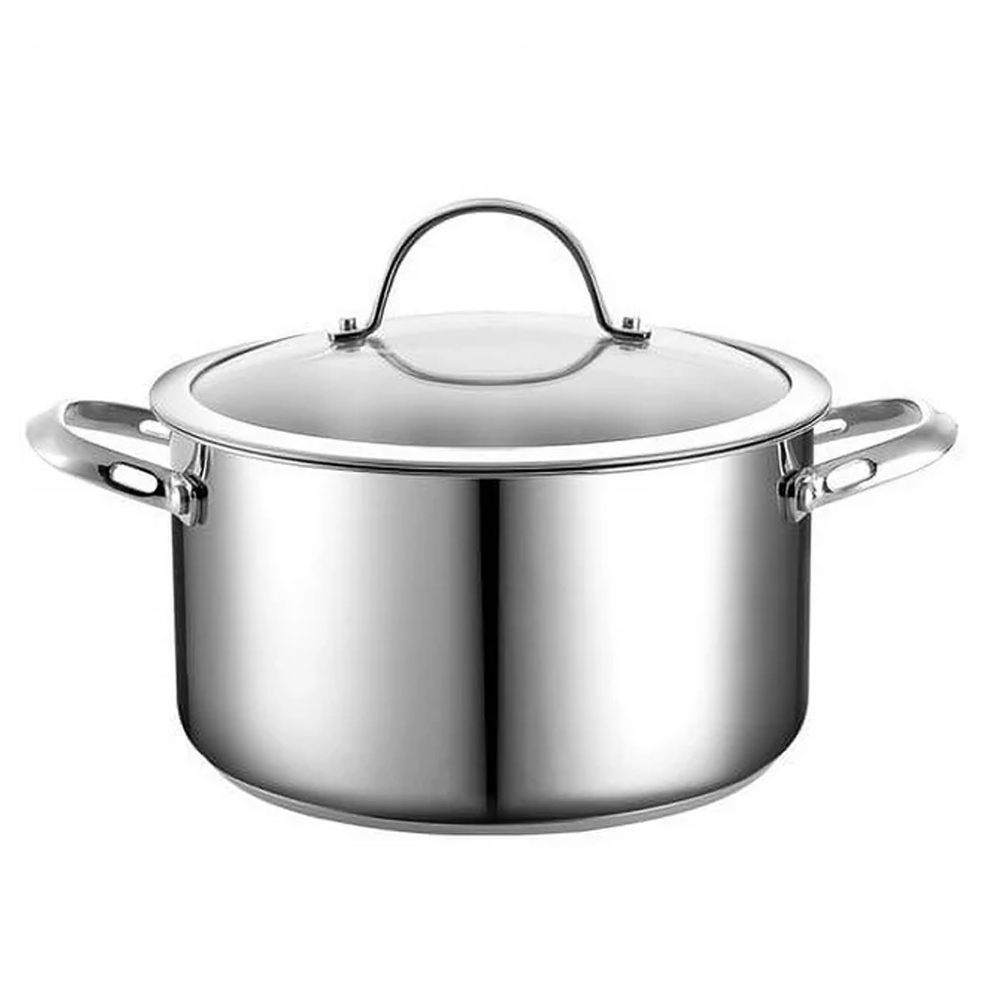 Cooks Standard front view showing polished stainless steel and sturdy design benefit even heating