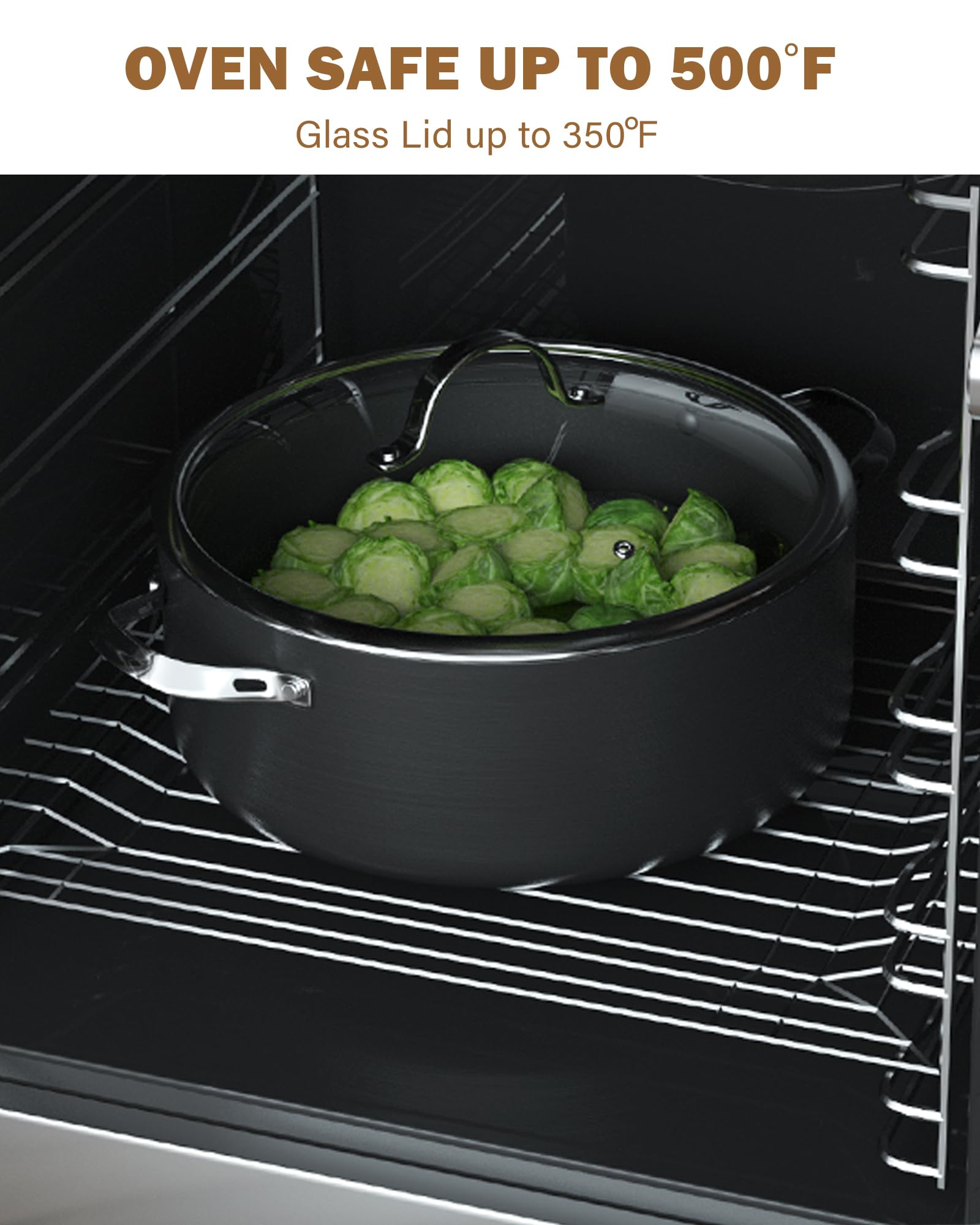 Cooks Standard Dutch oven inside oven showing oven‑safe pot to 500°F