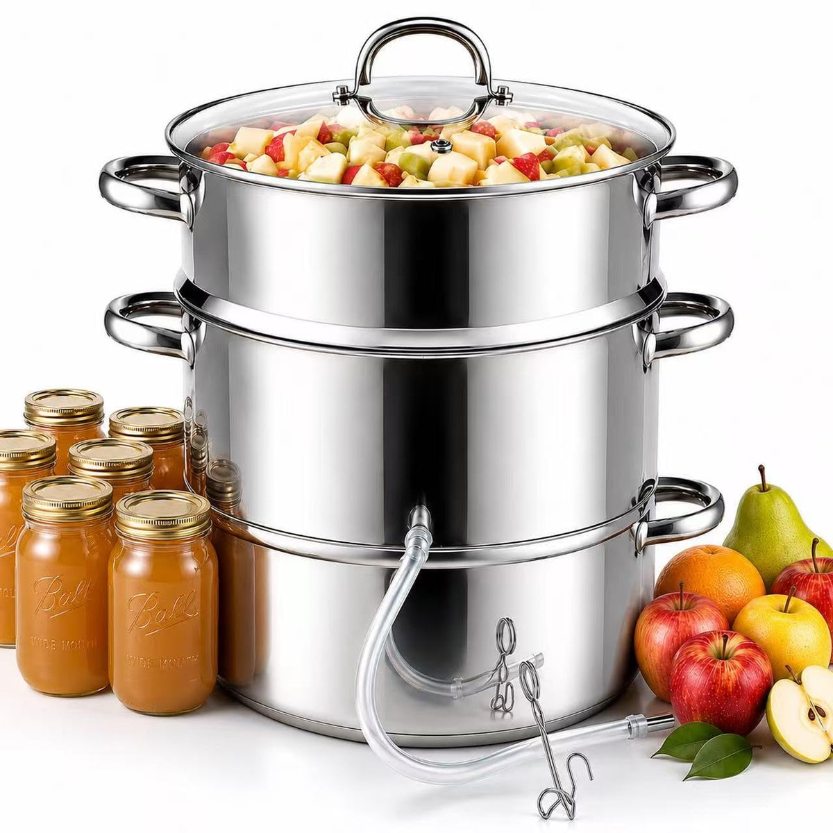 Cooks Standard front view steam juicer shows full kit and space-saving design