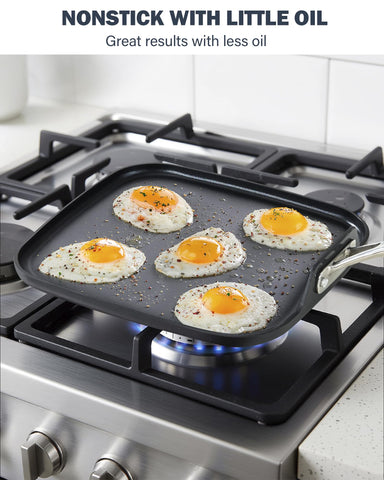 Cooks Standard griddle cooking pancakes on stovetop showing quick, even browning