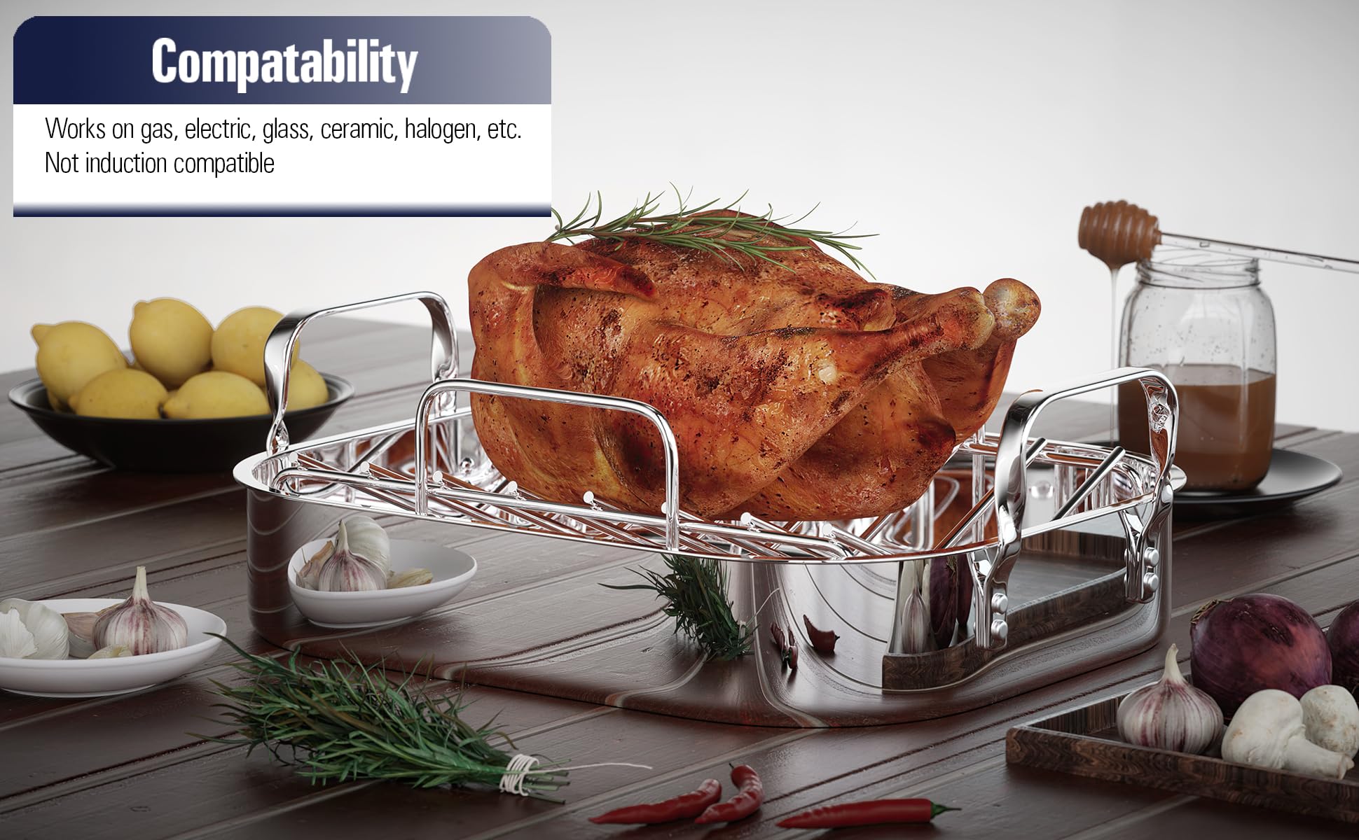 Cooks Standard roaster in oven with turkey showing large capacity and even roast benefit