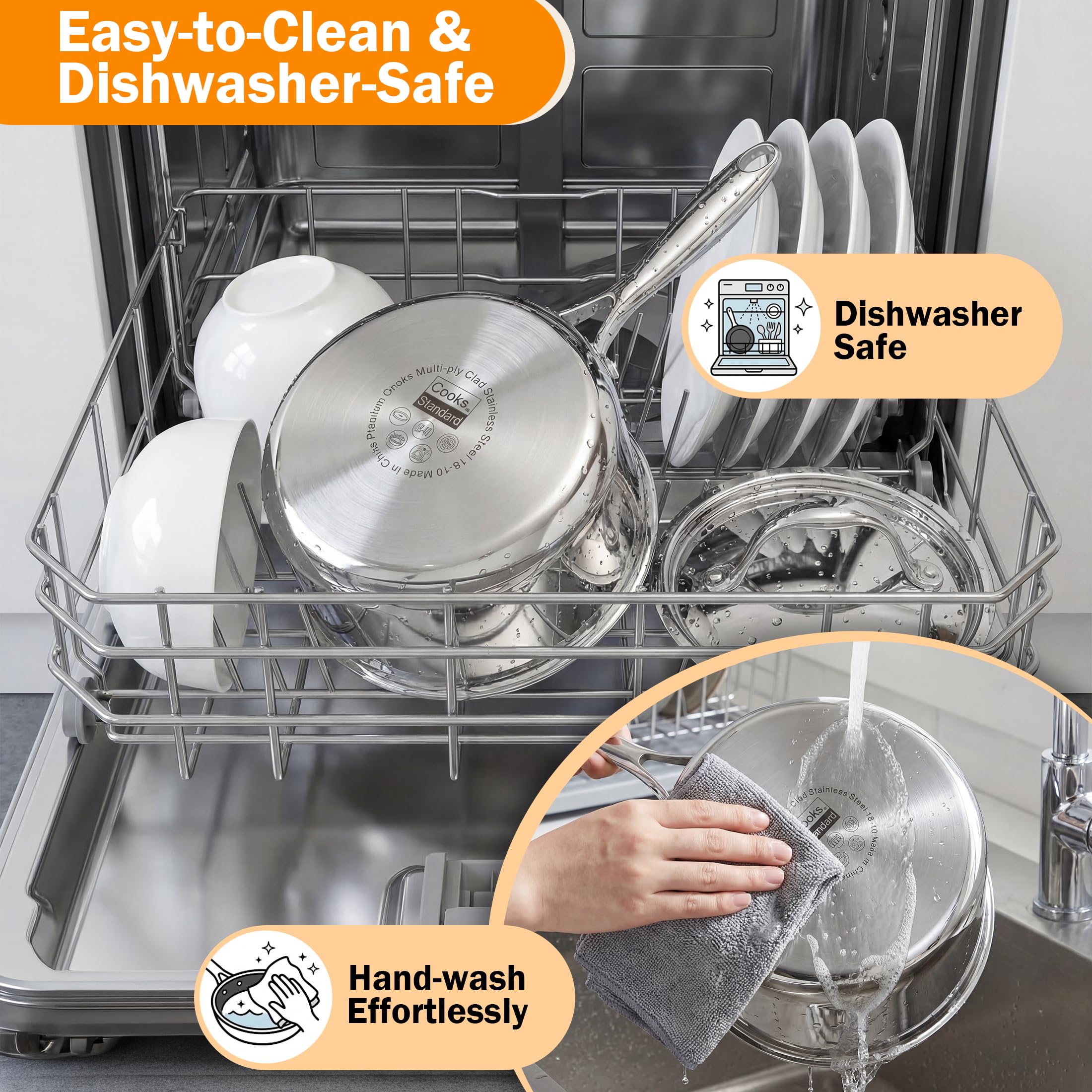 Cooks Standard base close-up showing tri-ply aluminum core and induction compatibility benefit