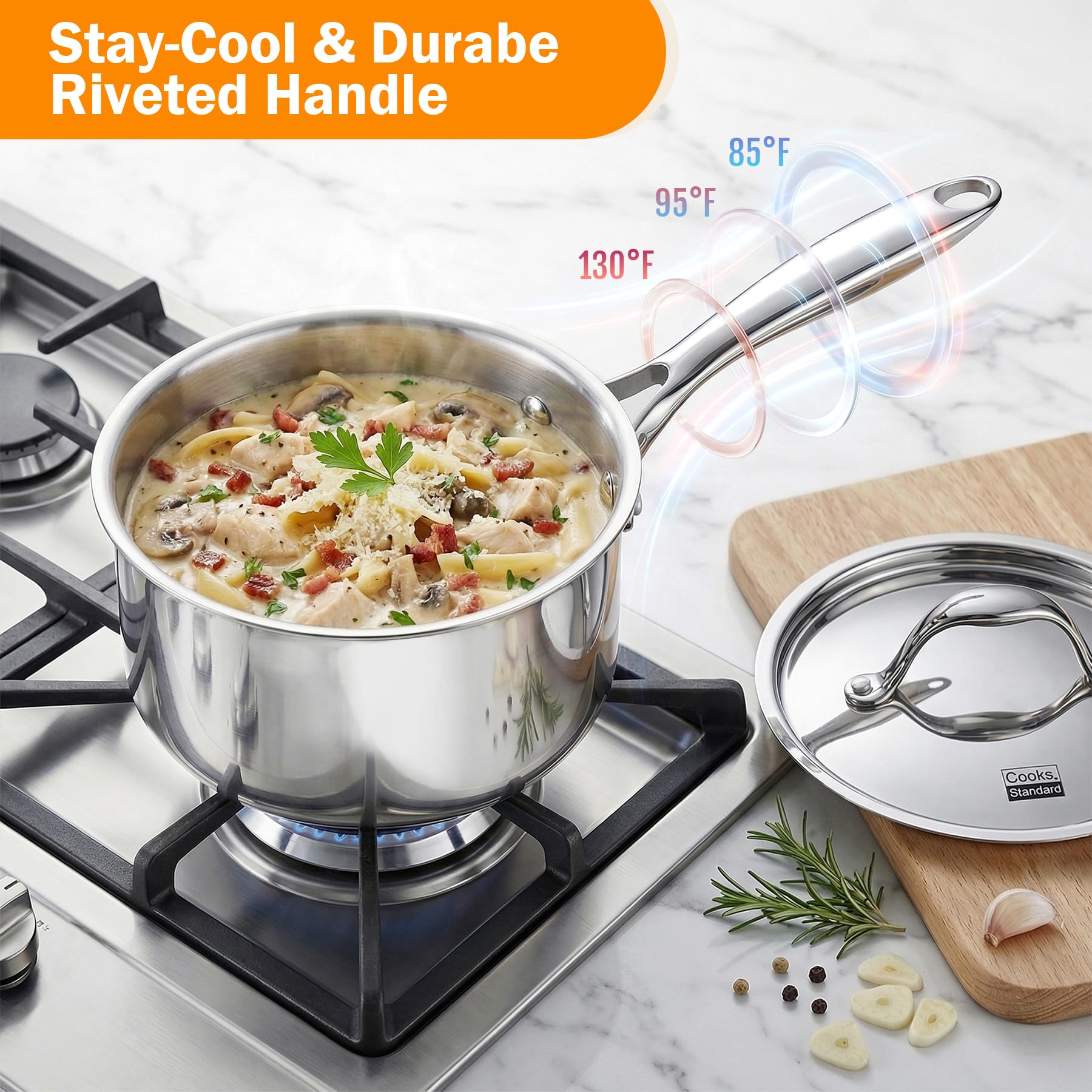 Cooks Standard saucepan simmering on stovetop showing even heat distribution benefit