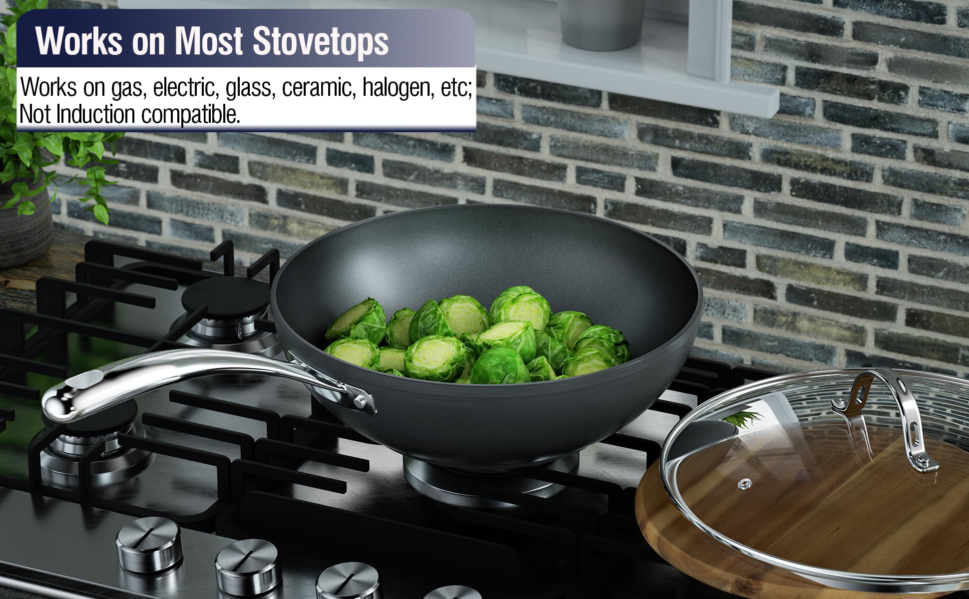 Cooks Standard tempered glass lid on wok with steam vent for visible, controlled cooking