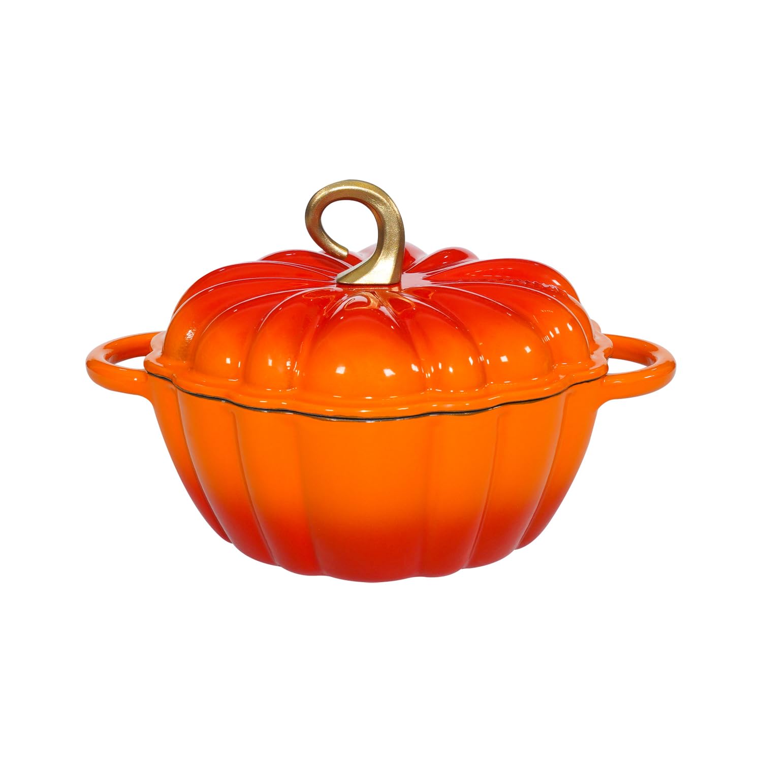 COOKWIN pumpkin Dutch oven front view showing orange enamel and shape, decorative and practical