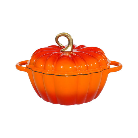 COOKWIN pumpkin Dutch oven front view showing orange enamel and shape, decorative and practical