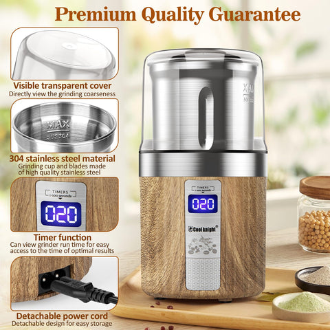 COOL KNIGHT timer display close-up offering precise grind time control and repeatability