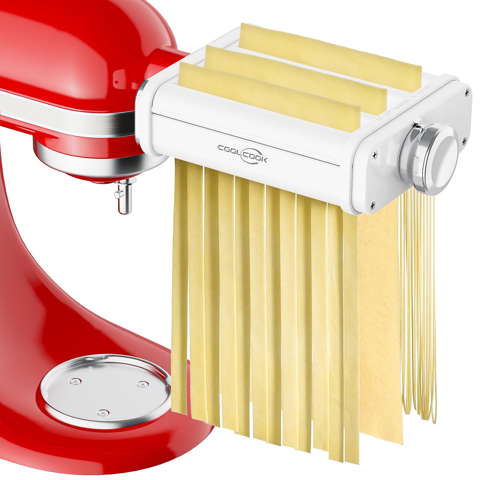 Coolcook front view attached to KitchenAid showing stable, fast pasta making