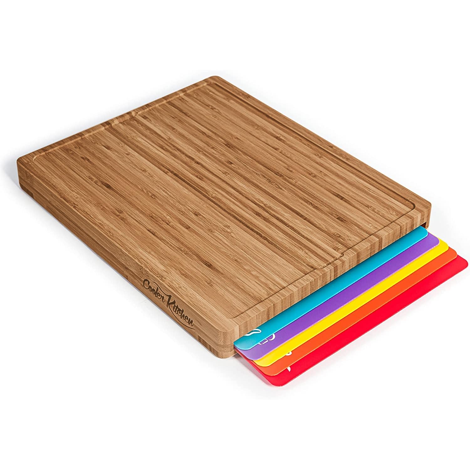 Cooler Kitchen bamboo board front view showing sturdy surface and storage benefit