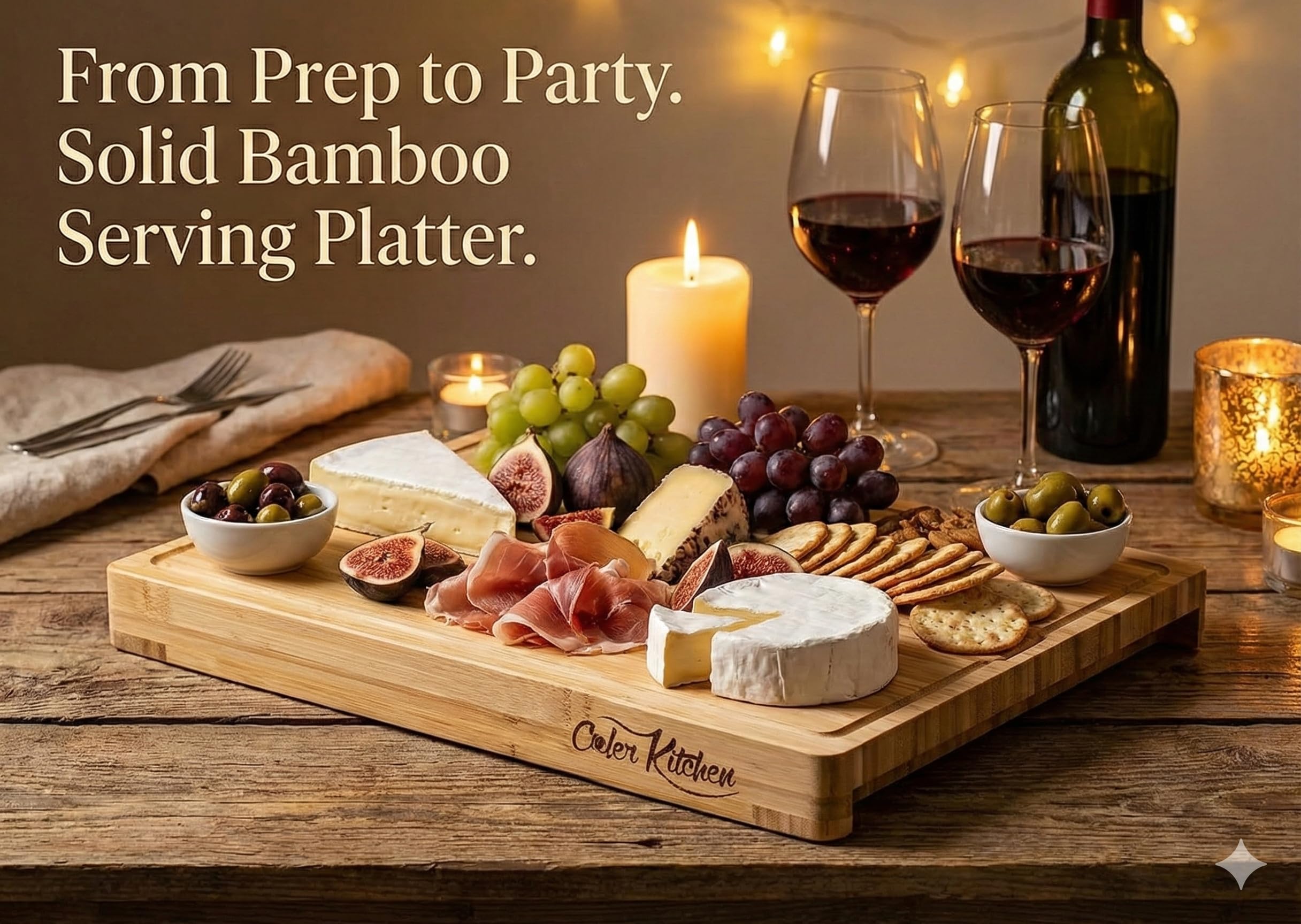 Cooler Kitchen bamboo board used as charcuterie platter for attractive serving benefit
