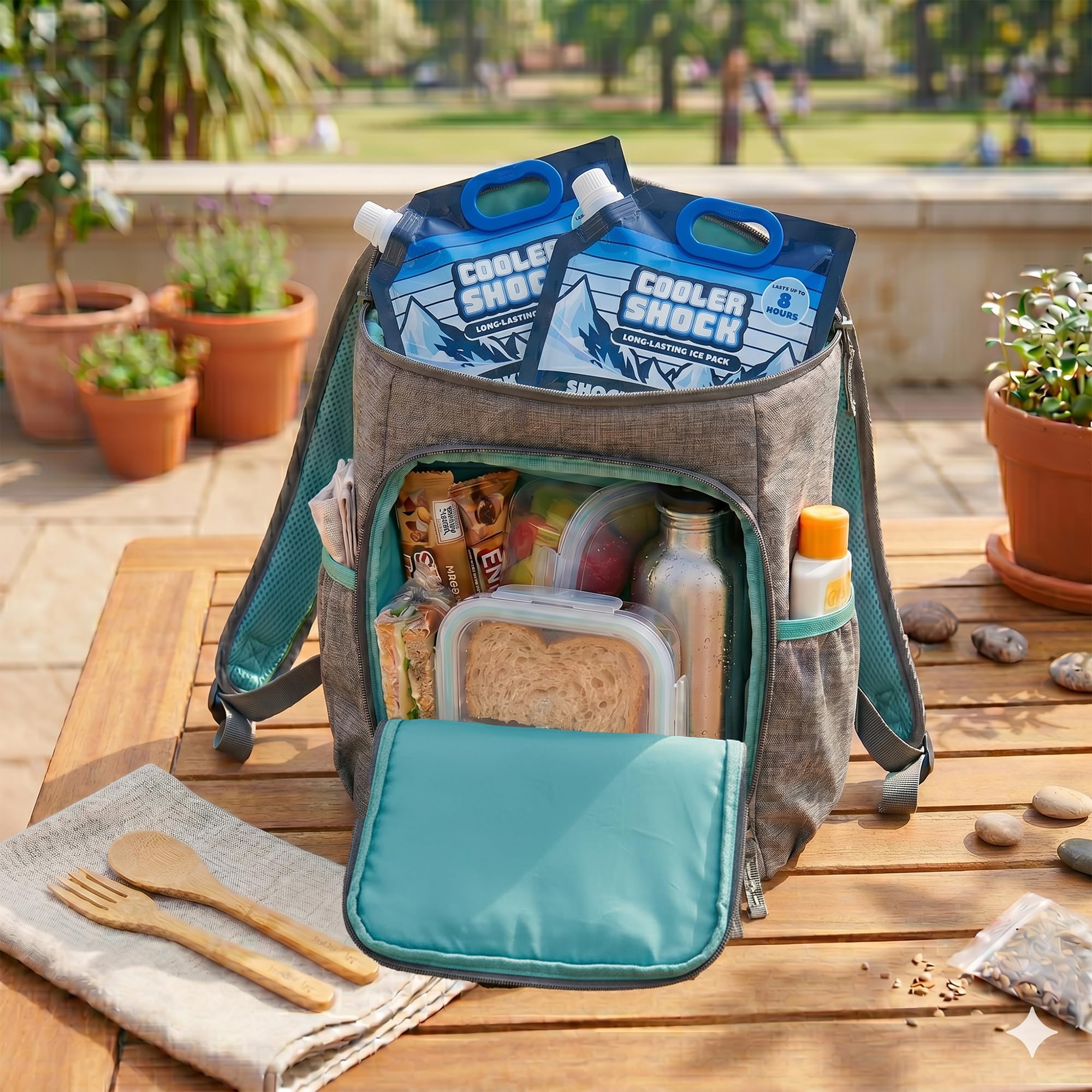 Cooler Shock packs in car trunk for road trip cold storage