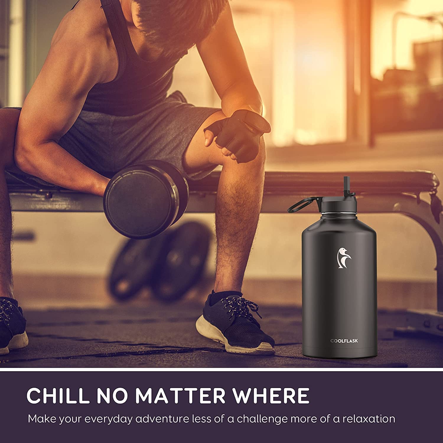 Coolflask beside backpack illustrating large 128 oz capacity benefit