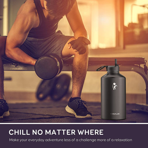 Coolflask beside backpack illustrating large 128 oz capacity benefit