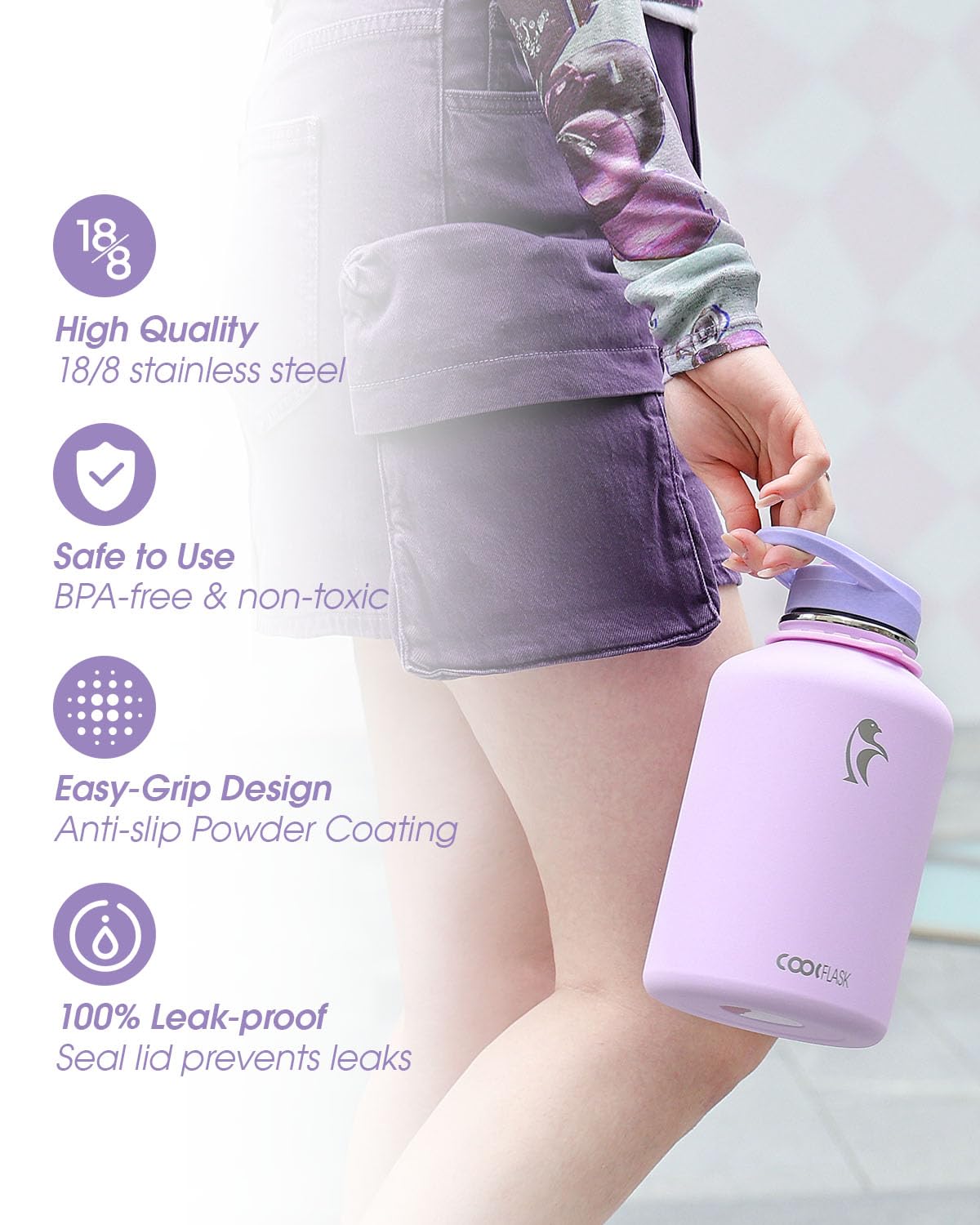 Coolflask worn with adjustable strap across shoulder, shows hands-free carry