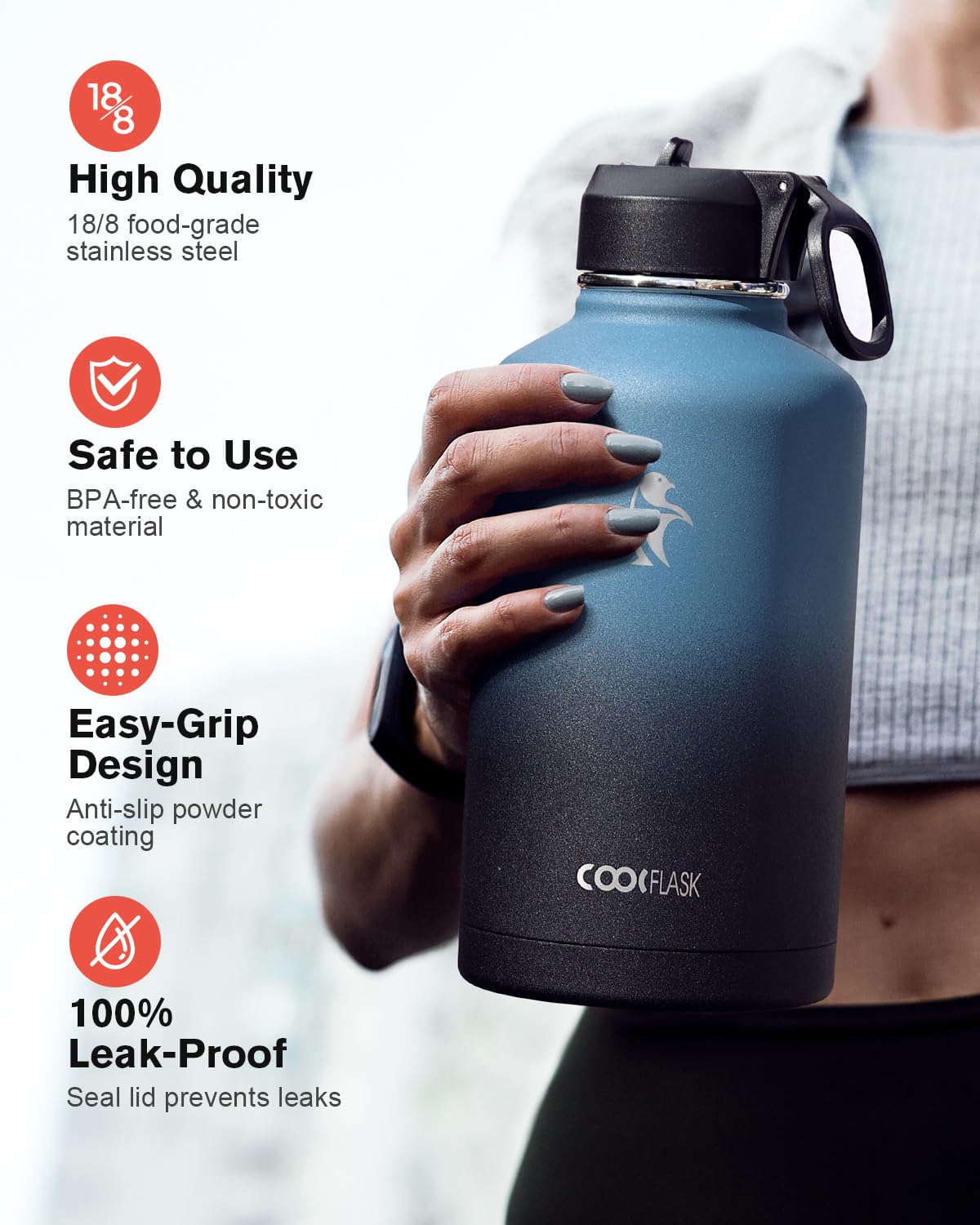 Coolflask straw lid close-up demonstrating easy hands-free sipping benefit
