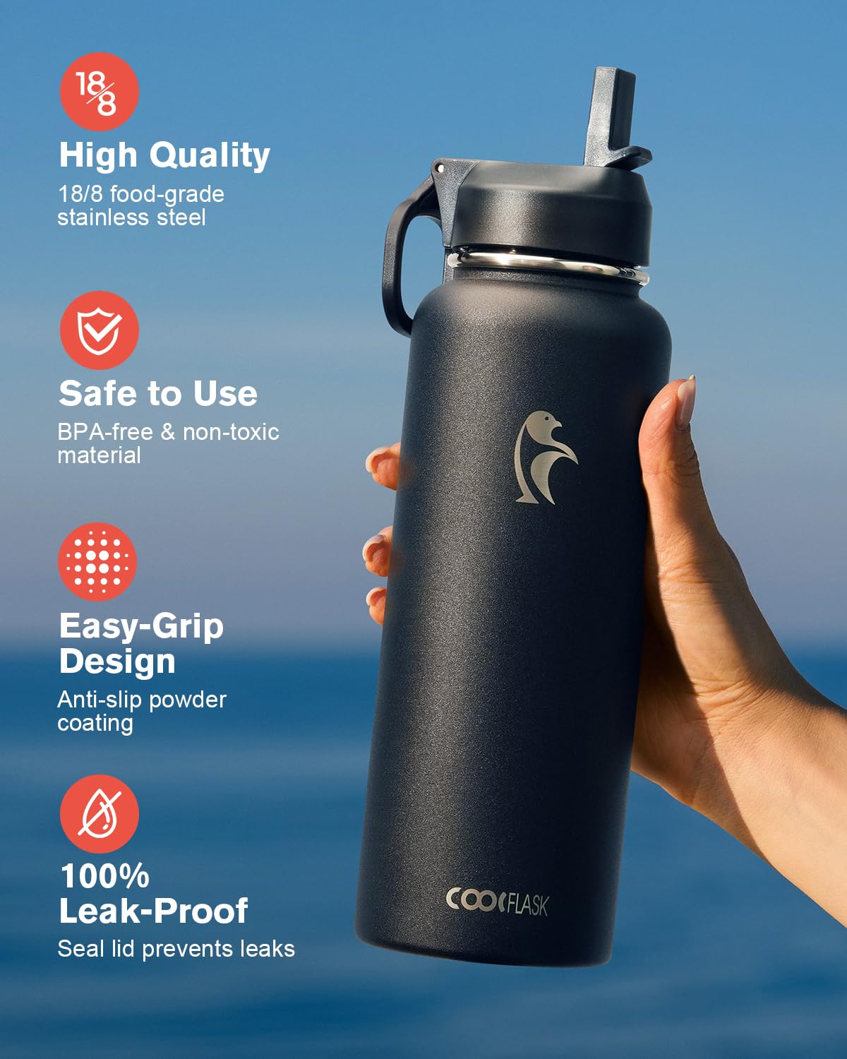 Coolflask three leakproof lids displayed to show versatile drinking options and convenience