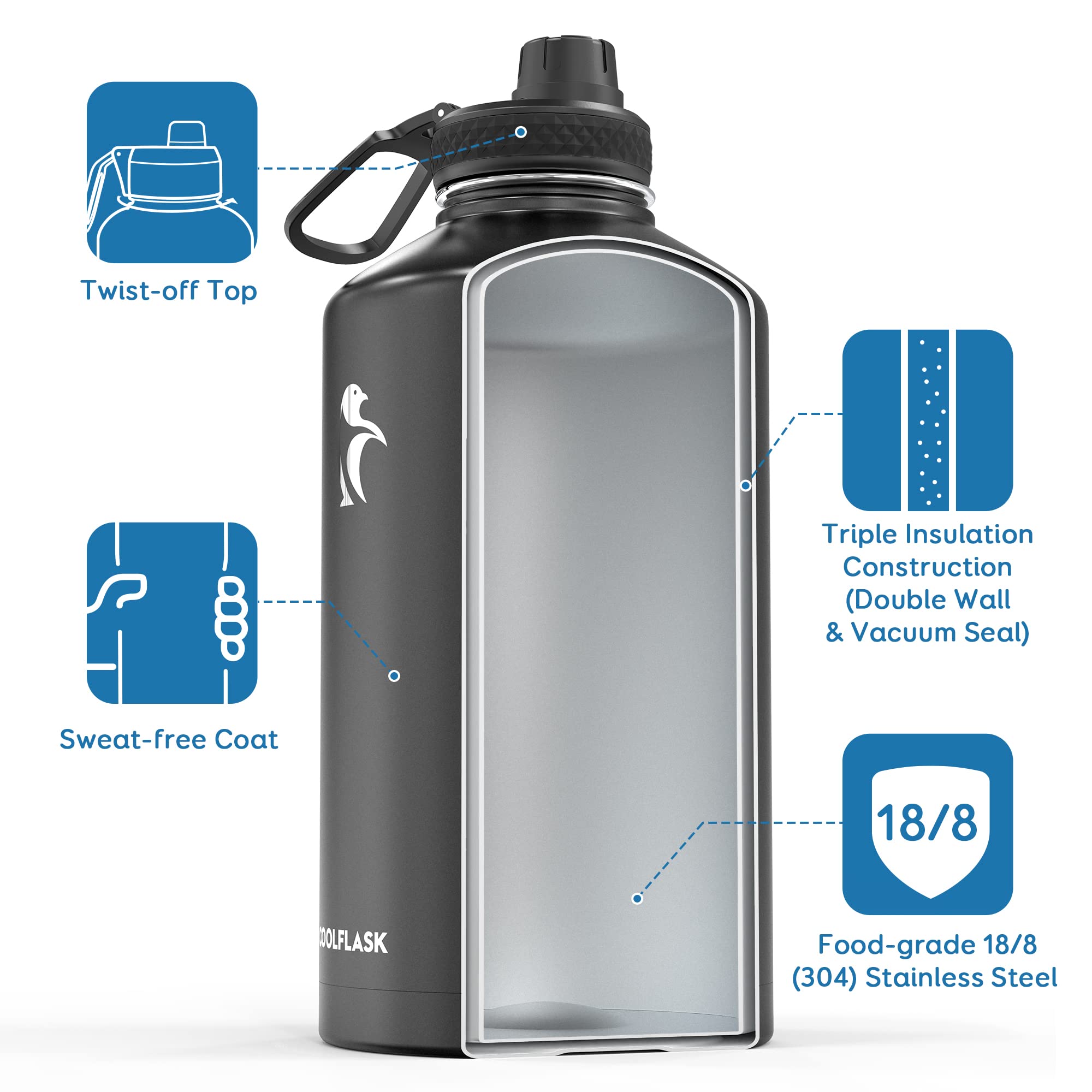 Coolflask wide mouth open with ice showing easy refill benefit