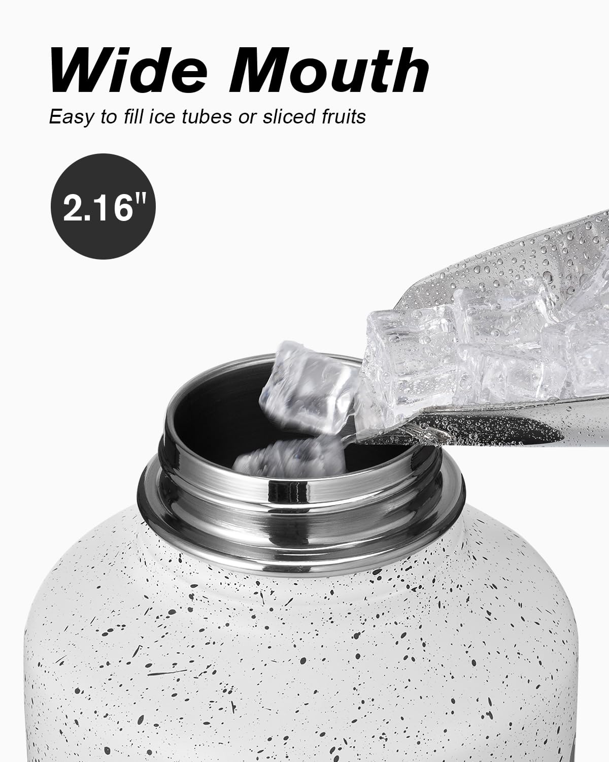 Coolflask wide-mouth lid with ice being added for easy refills