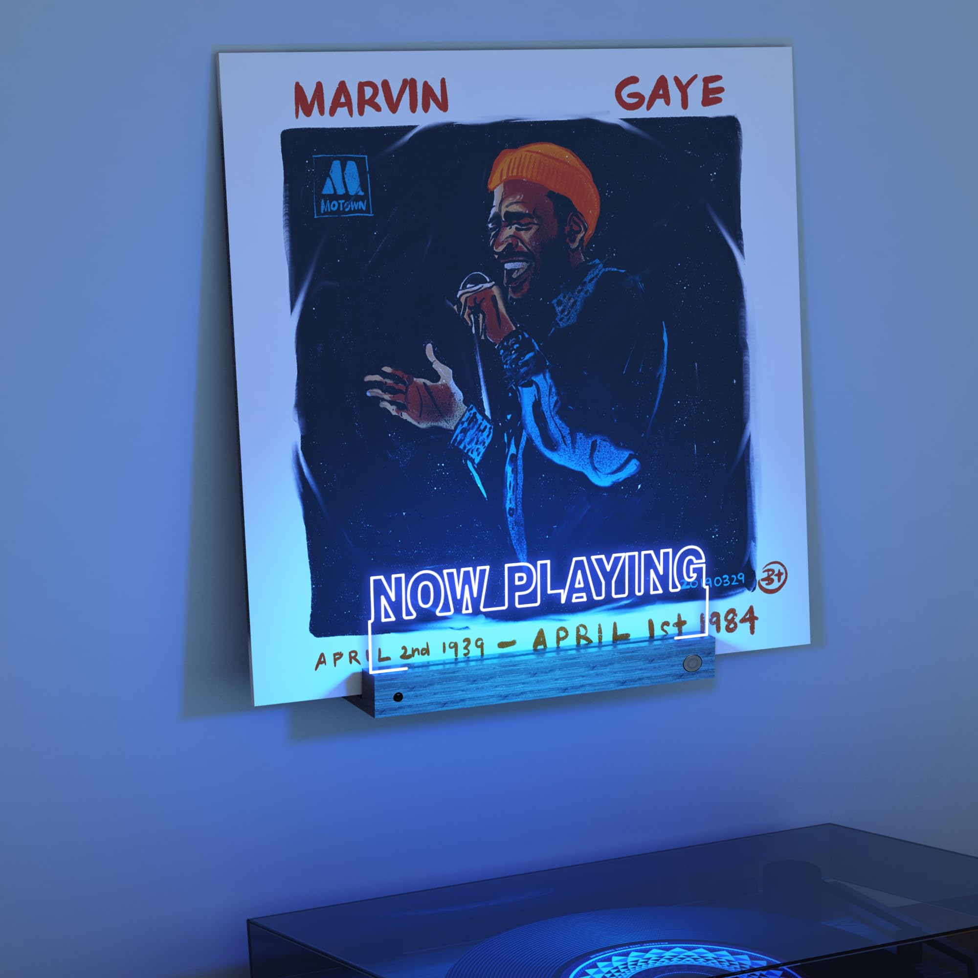 CoolGift Mart front view of illuminated record stand showing album art benefit