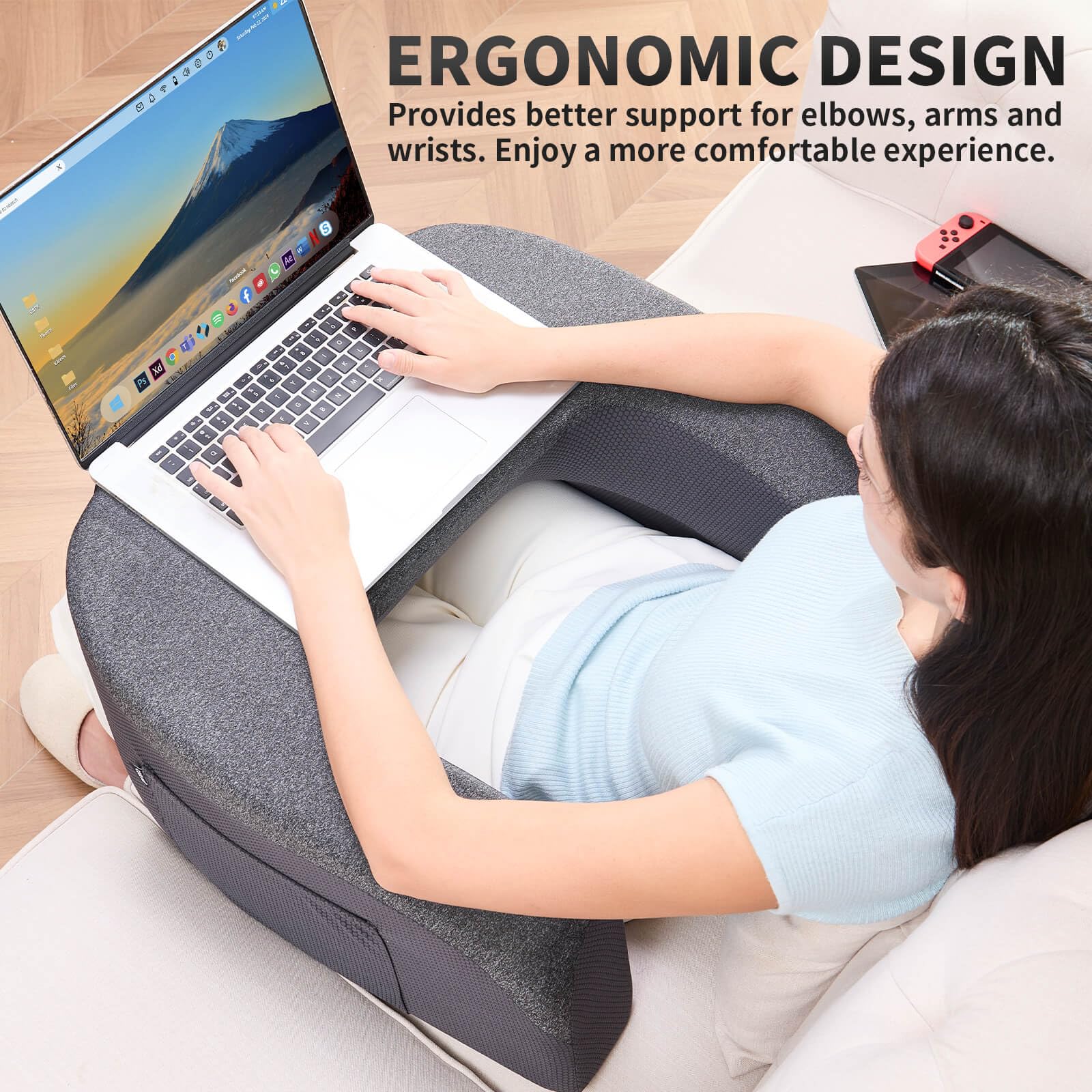 cooloo8 flat tabletop detail with cord, secures laptop and prevents device slipping