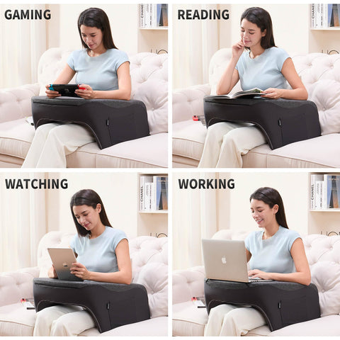 cooloo8 in-use with laptop on sofa, provides stable surface and comfortable posture