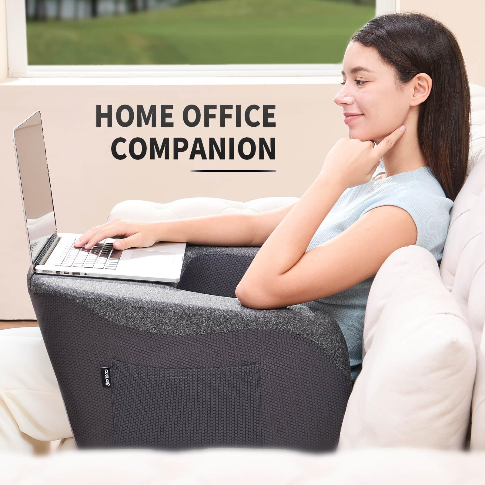 cooloo8 size comparison with book and laptop, shows extra-large support footprint
