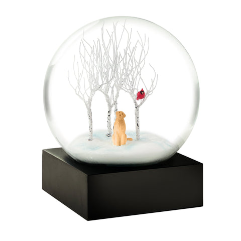 CoolSnowGlobes front view showing Golden Retriever scene and drifting snow, adds cozy charm