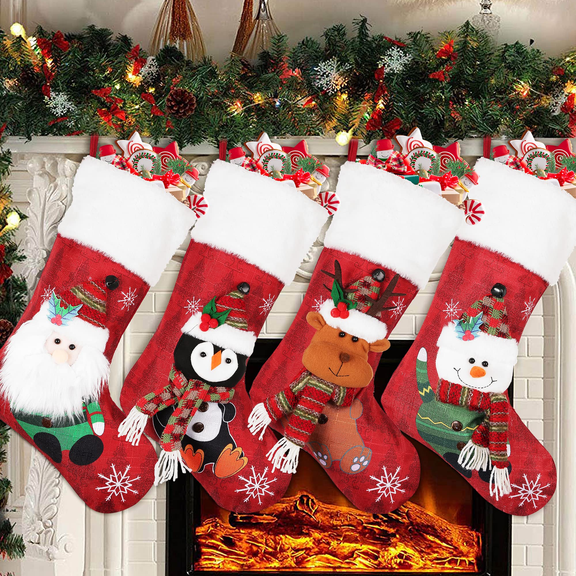 COOLWUFAN front view of four character stockings, ready to decorate mantel