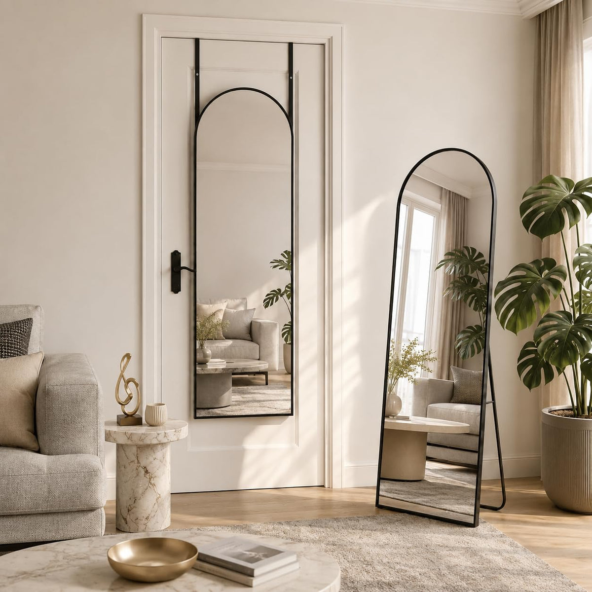 Coomily arched full-length mirror front view shows full-body reflection and elegant design