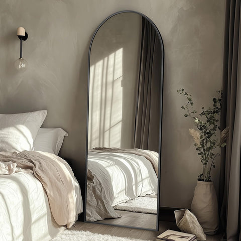 Coomily mirror side profile leaning against wall demonstrates slim footprint and stability