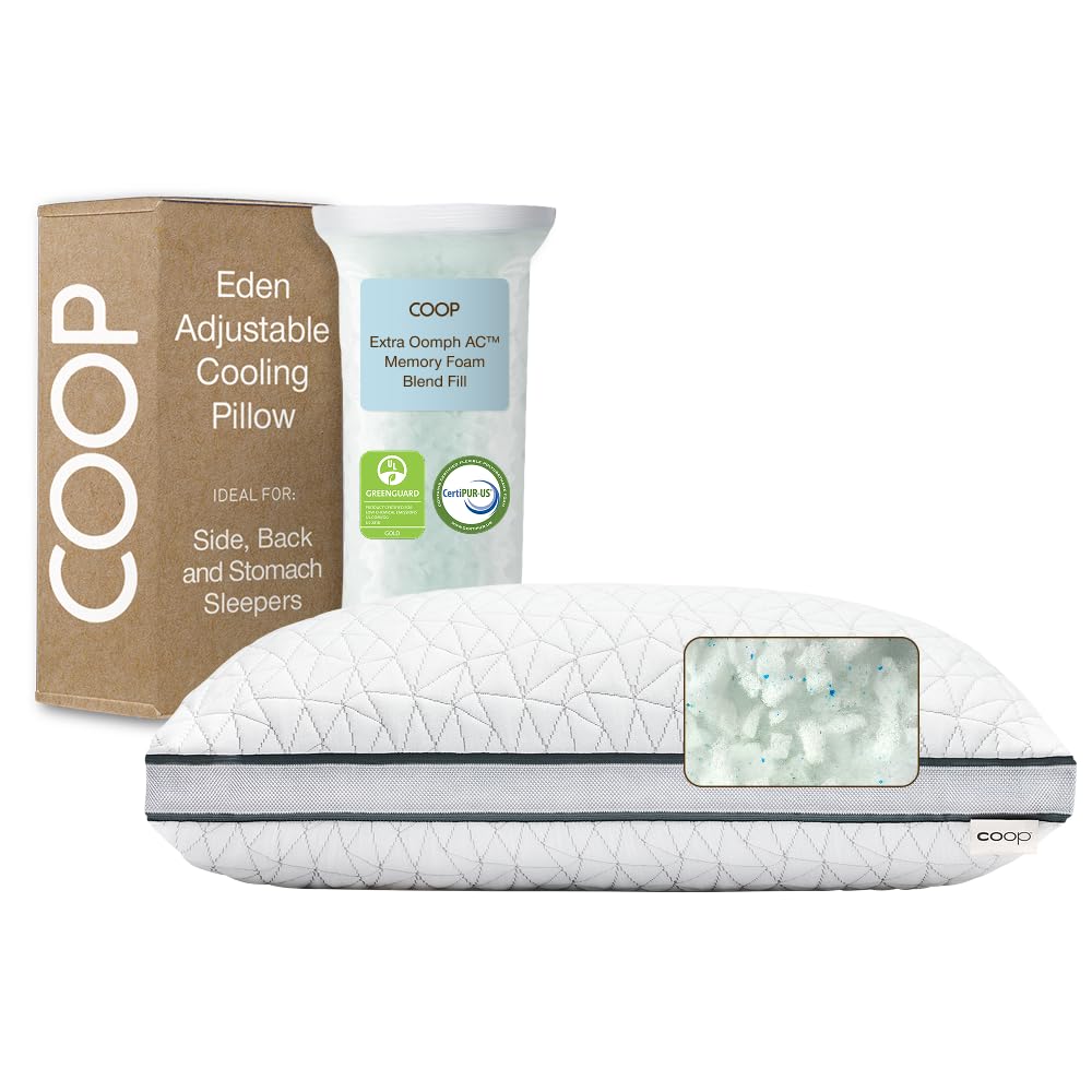 Coop Home Goods Eden front packaging showing queen pillow and extra fill for convenience