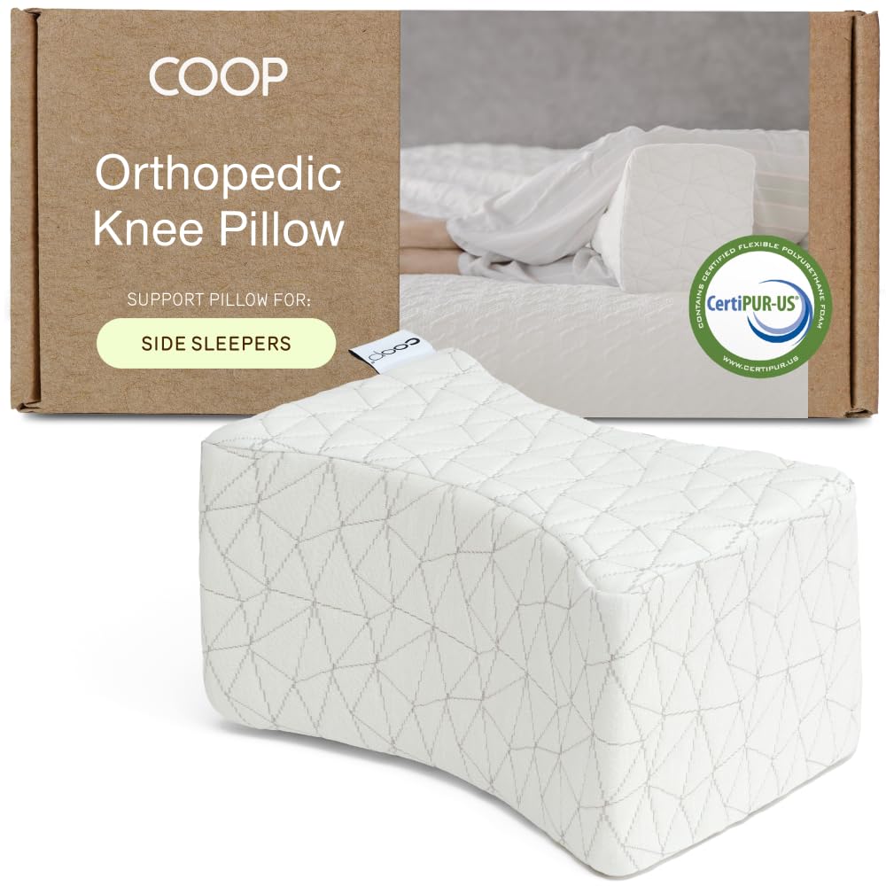 Coop Home Goods knee pillow front view showing ergonomic shape and benefits