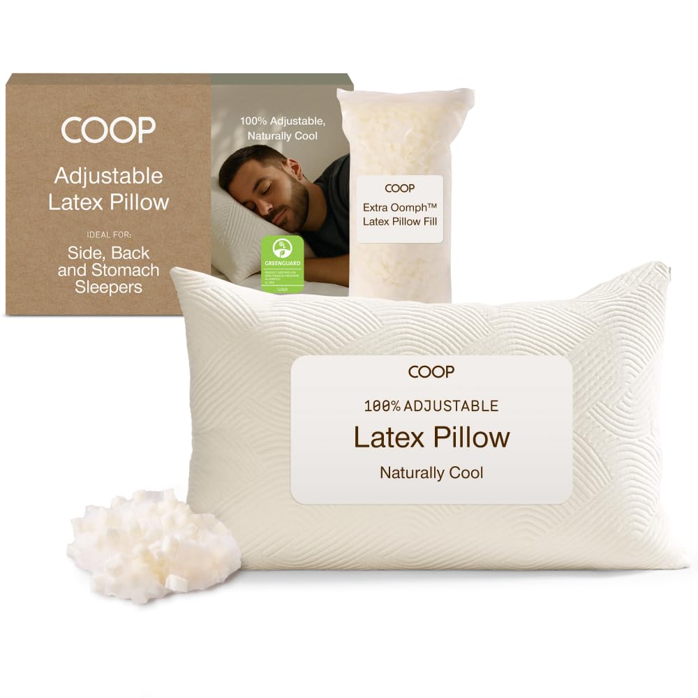 Coop Home Goods front view of latex pillow showing packaging and adjustable feature benefit