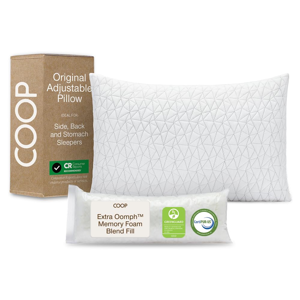 Coop Home Goods pillow front packaging showing queen size and adjustable feature