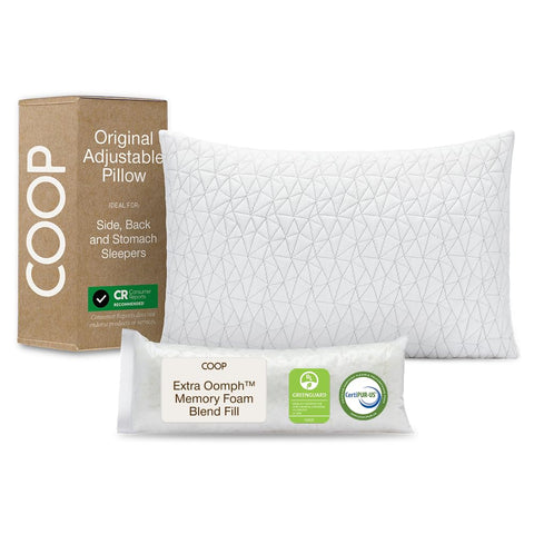 Coop Home Goods pillow front packaging showing queen size and adjustable feature