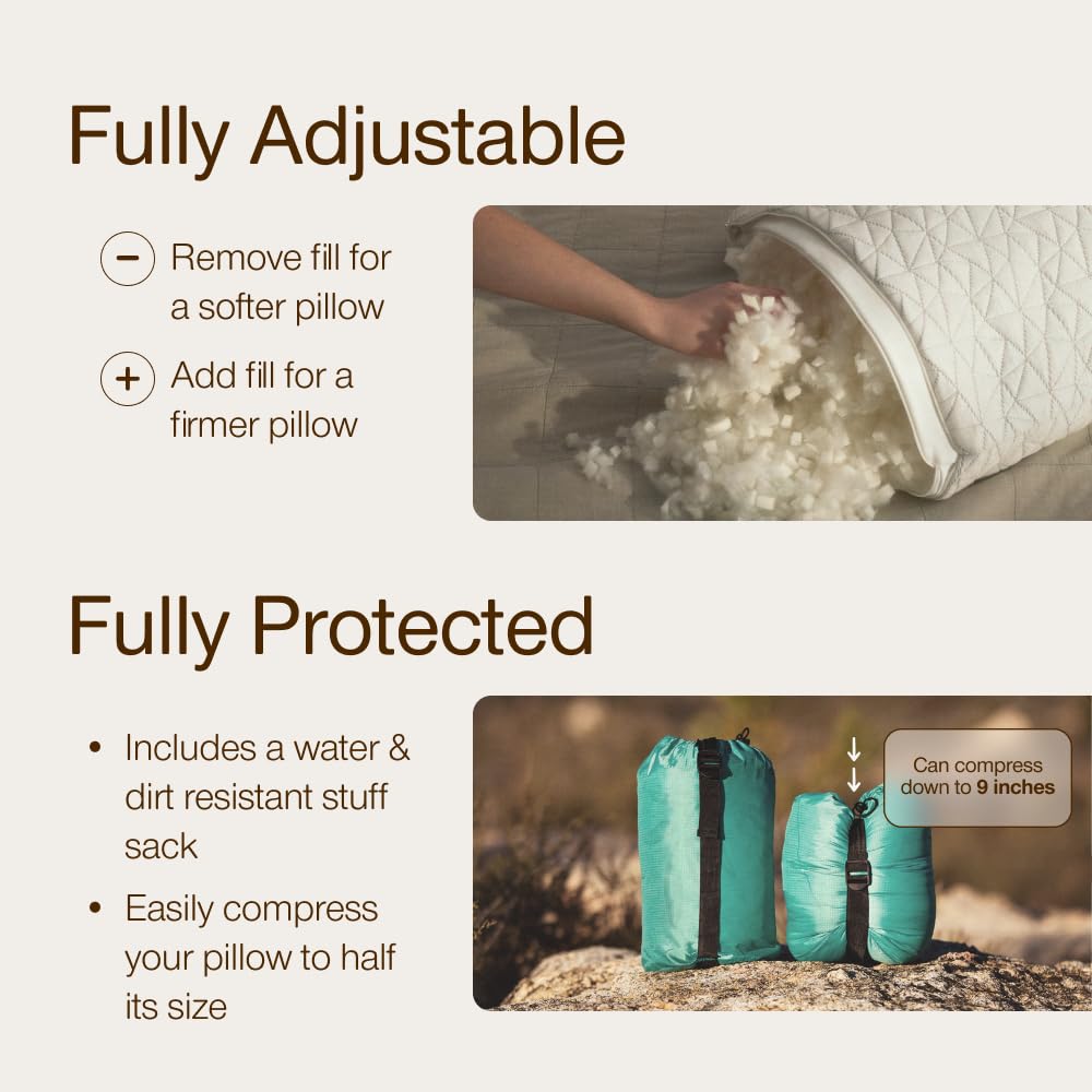 Coop Home Goods pillow compressed in stuff sack for easy packing