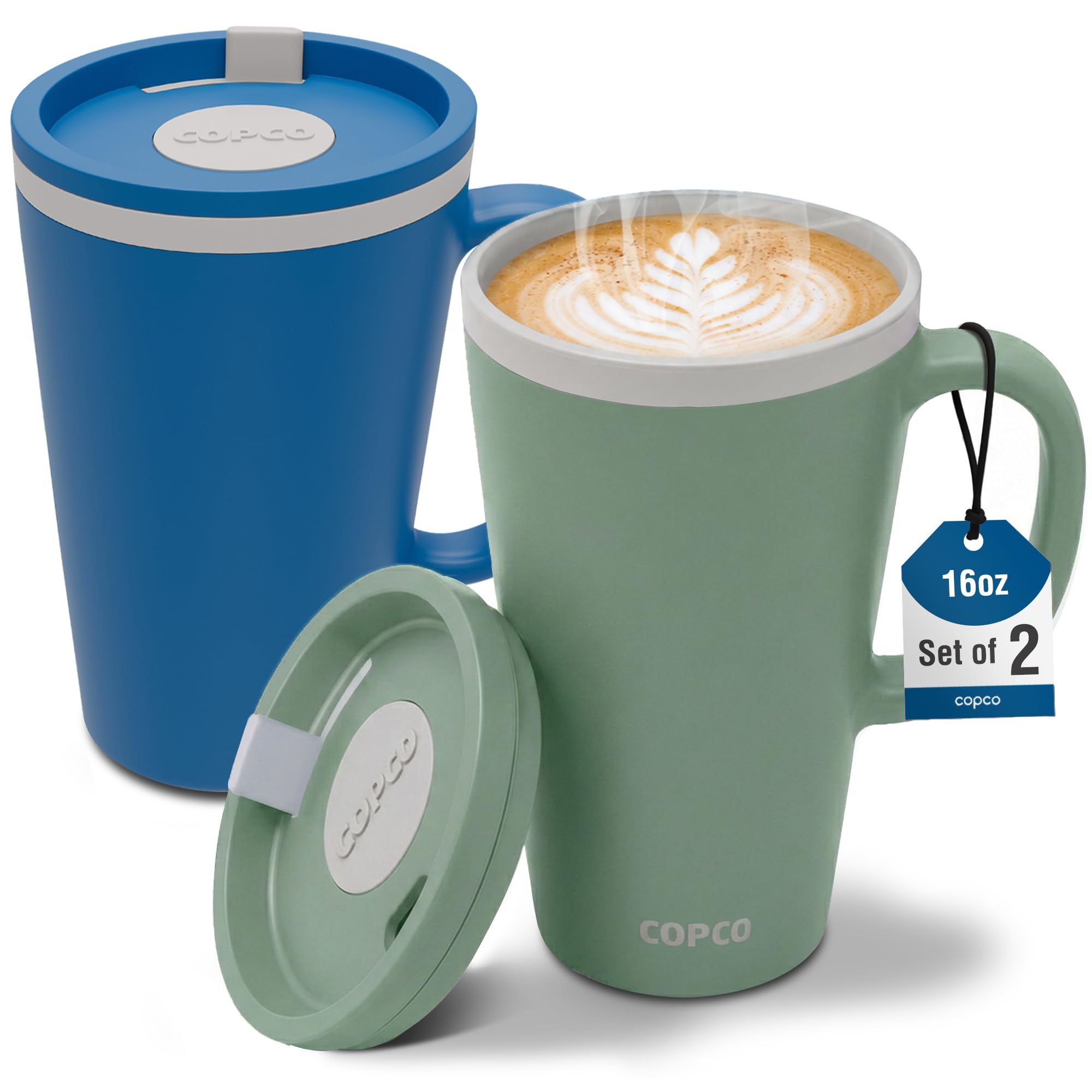 Copco blue and green mugs front view showing two-pack convenience