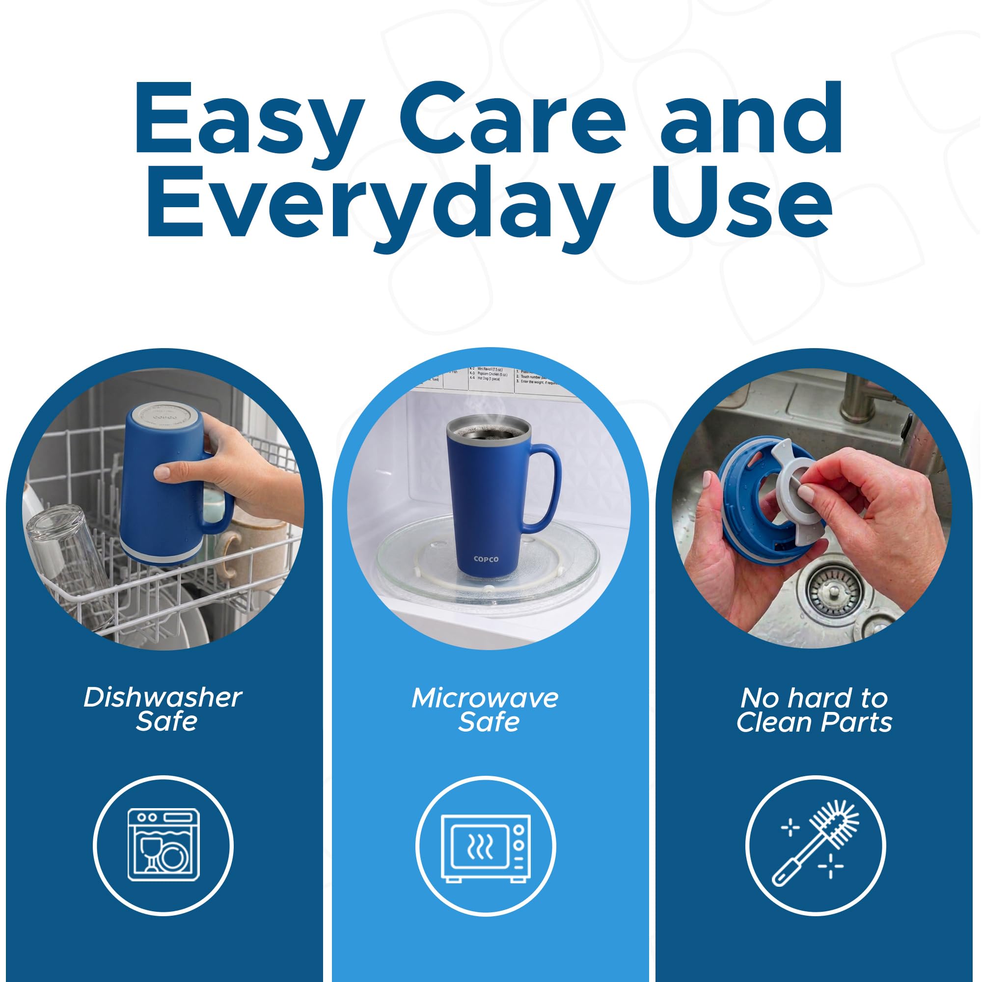 Copco mug in car cup holder showing travel-friendly design and stability