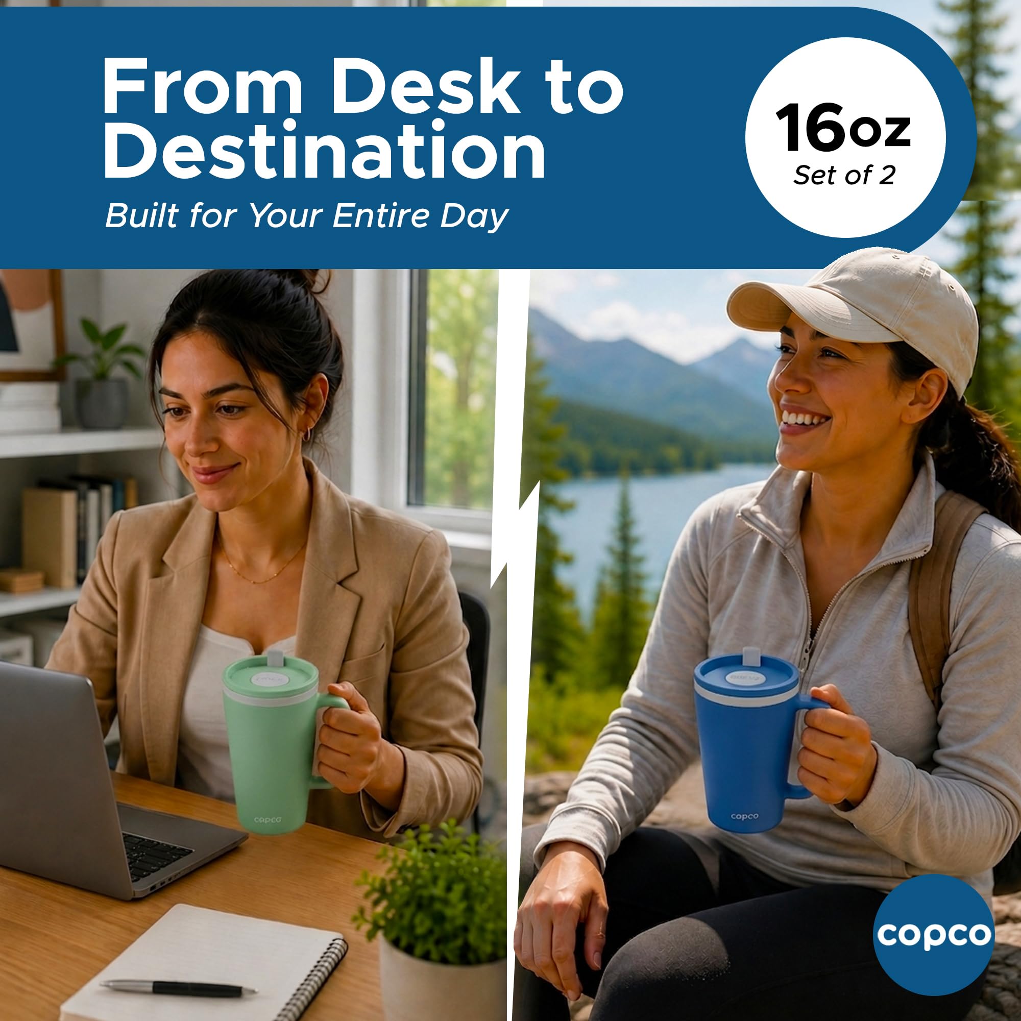 Copco mugs on desk with laptop showing practical everyday use
