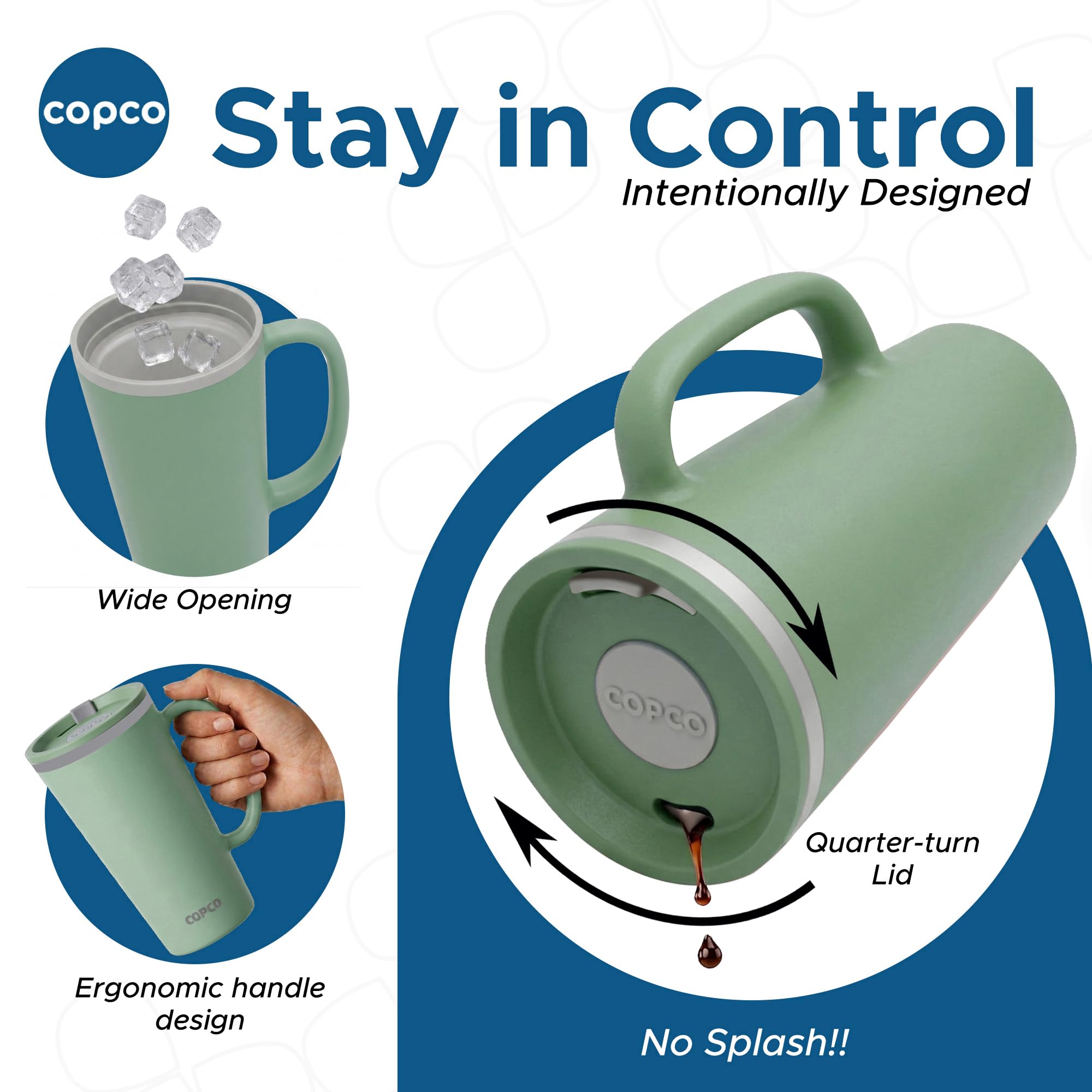 Copco 16 oz mug next to standard water bottle showing capacity