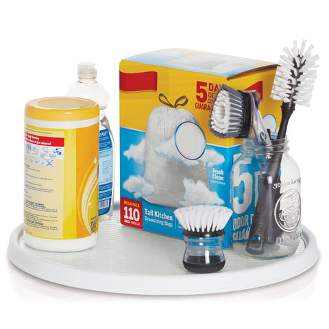 Copco lazy susan in cabinet rotating to reveal hidden bottles and quick access