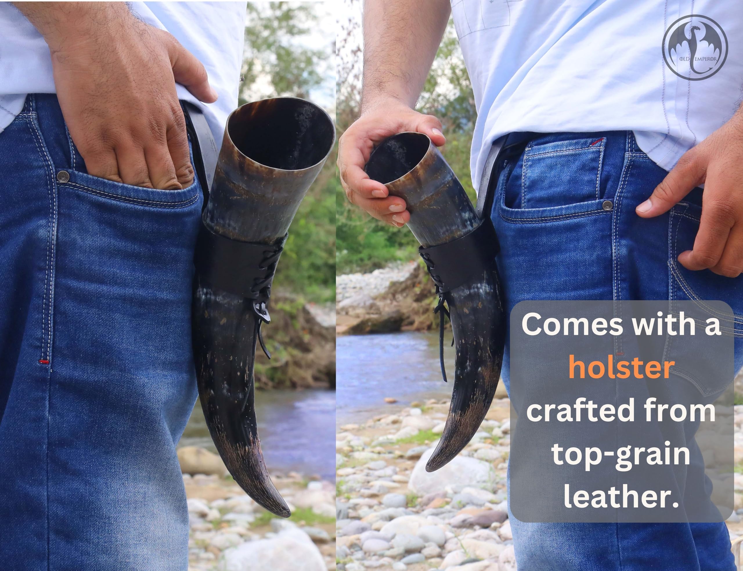 COPPERVEDA close-up of genuine leather holster highlighting secure belt carry benefit