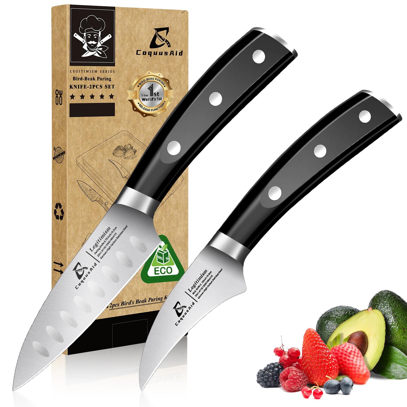 CoquusAid front packaging of two-piece paring knife set, compact storage benefit