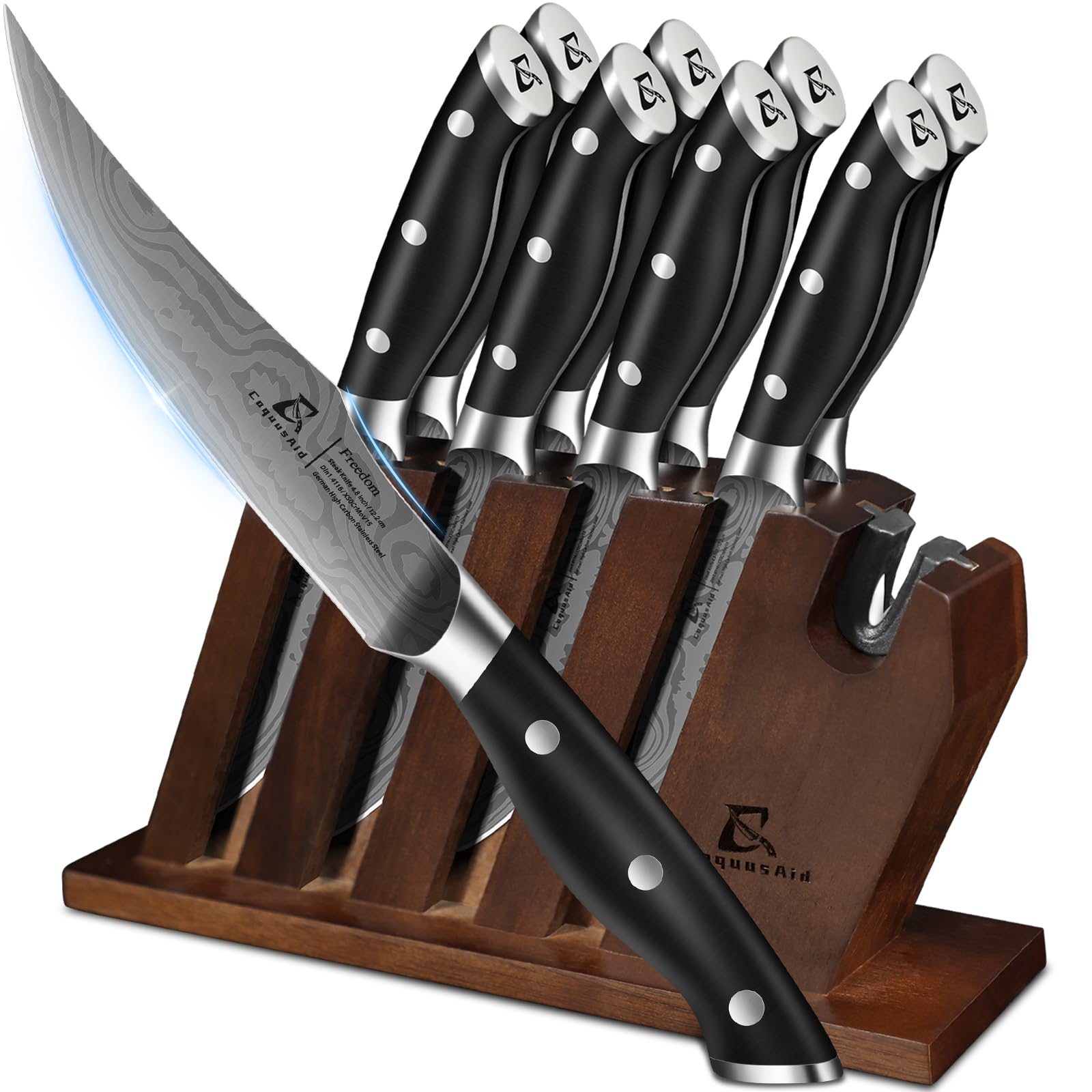 CoquusAid front view of eight knives in wooden block, neat storage benefit