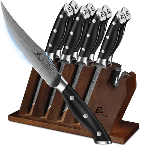 CoquusAid front view of eight knives in wooden block, neat storage benefit