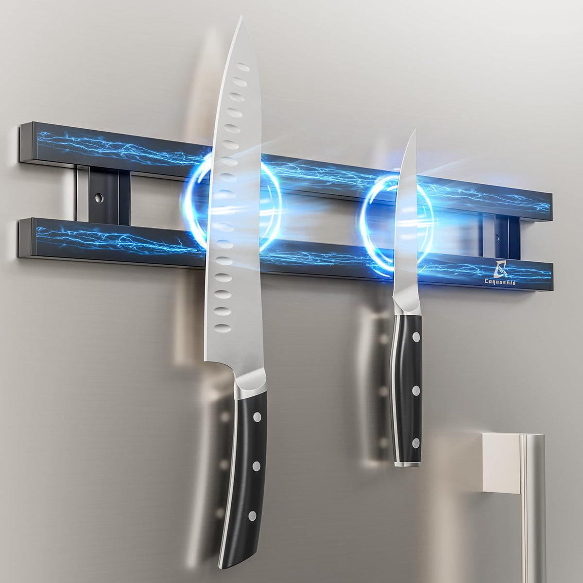 CoquusAid front view mounted on fridge showing clean storage and quick access