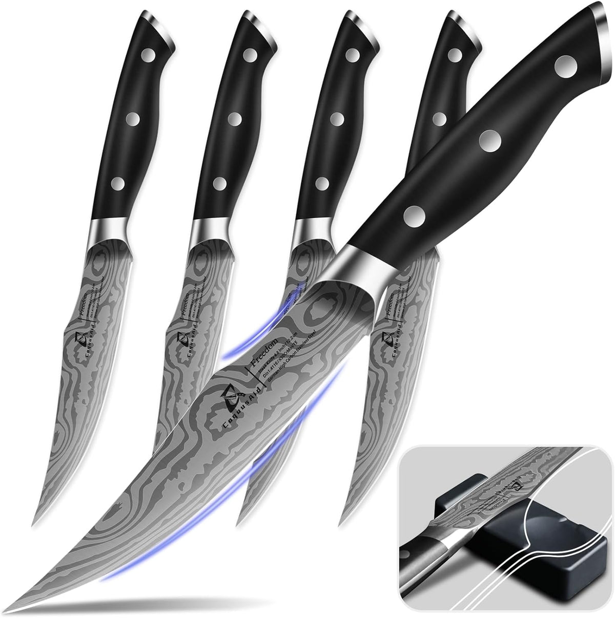 CoquusAid front view of four knives showing sleek black handles and matching rests benefit: stylish dinner presentation