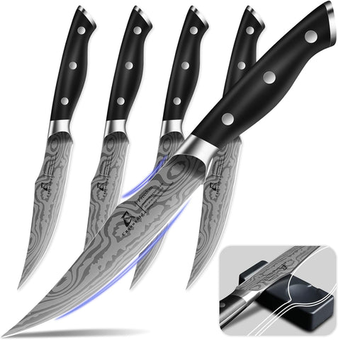 CoquusAid front view of four knives showing sleek black handles and matching rests benefit: stylish dinner presentation