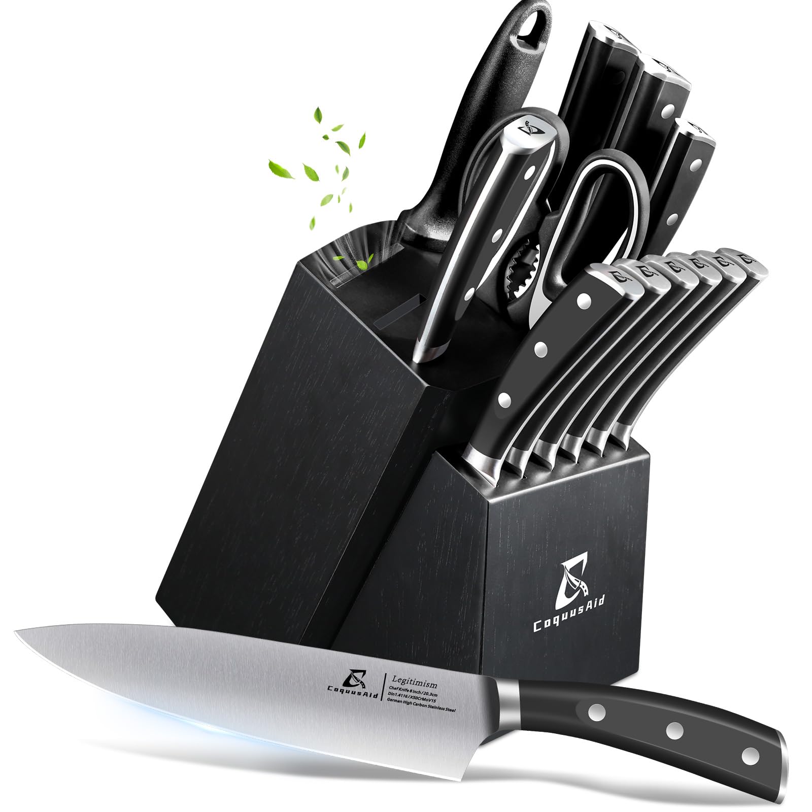 CoquusAid front view with block showing organized knives and safety