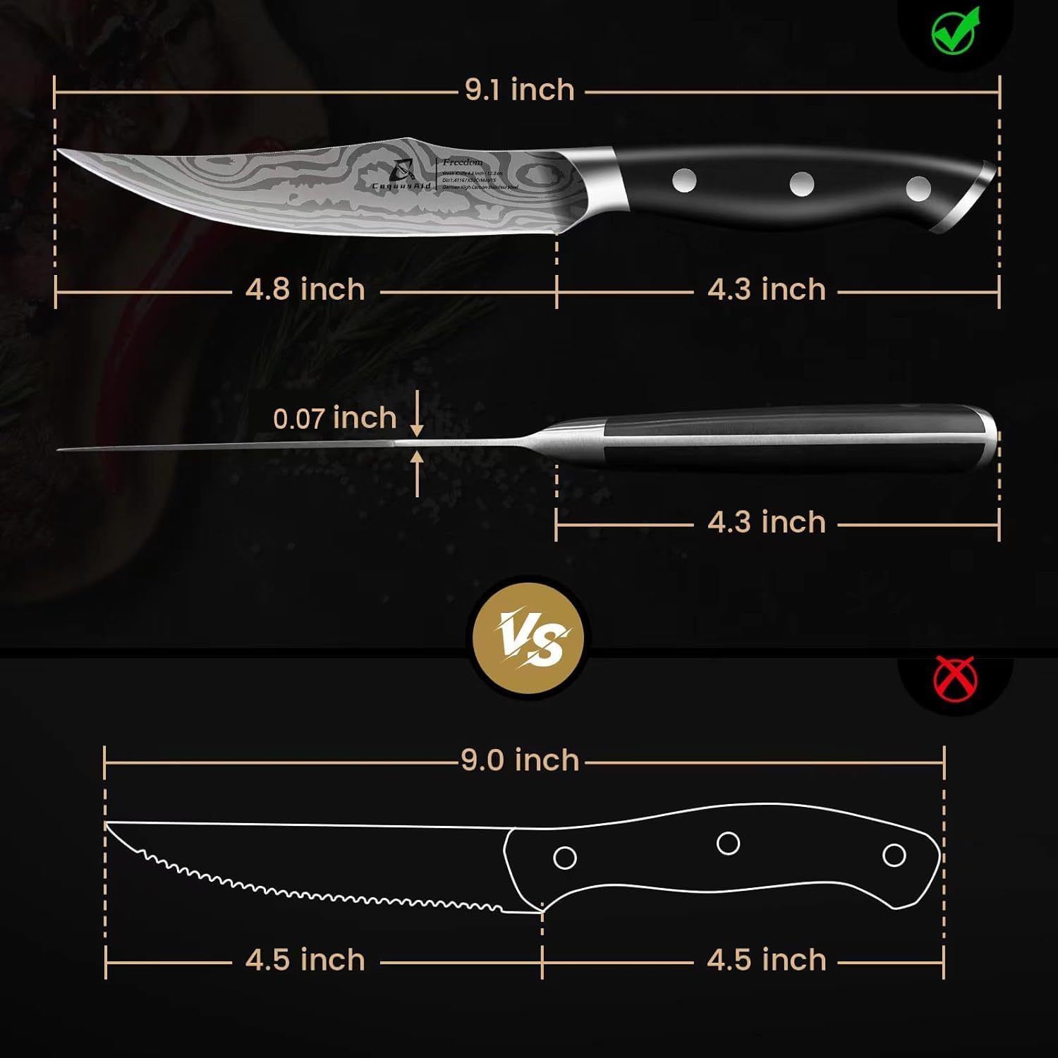 CoquusAid knife next to fork showing 4.8‑inch scale benefit: compact table‑ready size